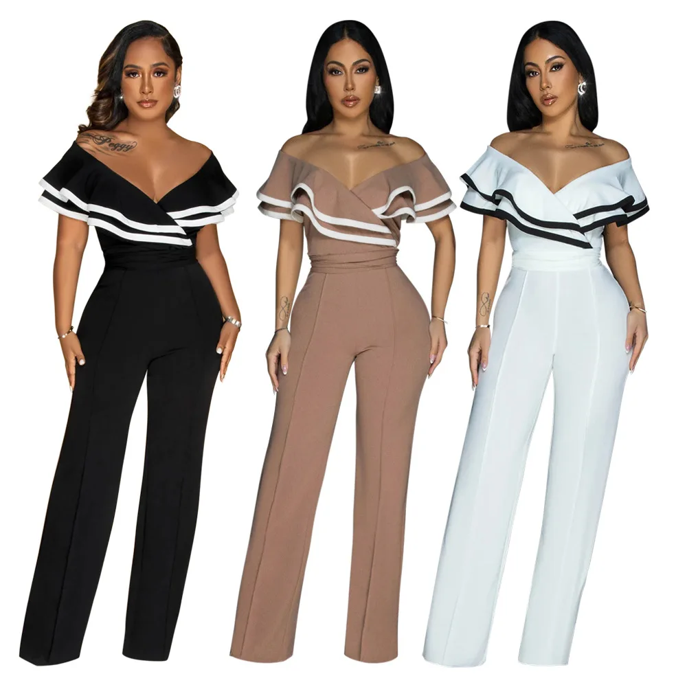 

EINY Y2k Women V-neck Off Shoulder Ruffles Wide Leg Jumpsuits 2024 Summer Fashion Sexy Party Playsuit One Piece Suit Rompers