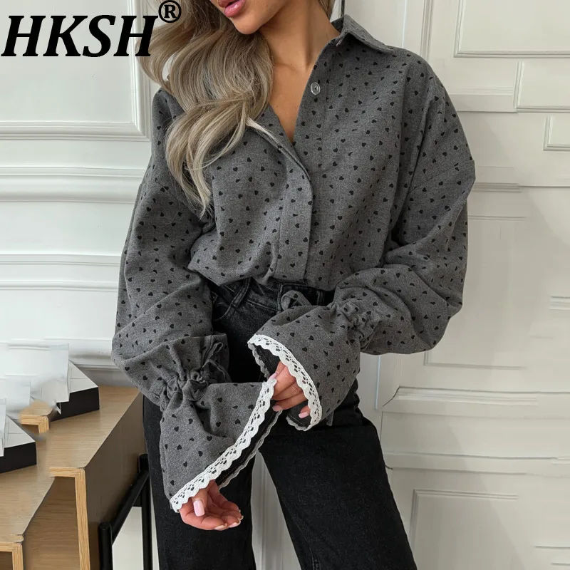 

HKSH весна осень новая женская рубашка с отложным воротником однобортный расклешенный рукав лоскутное кружево с принтом элегантные топы Y2K HK12531