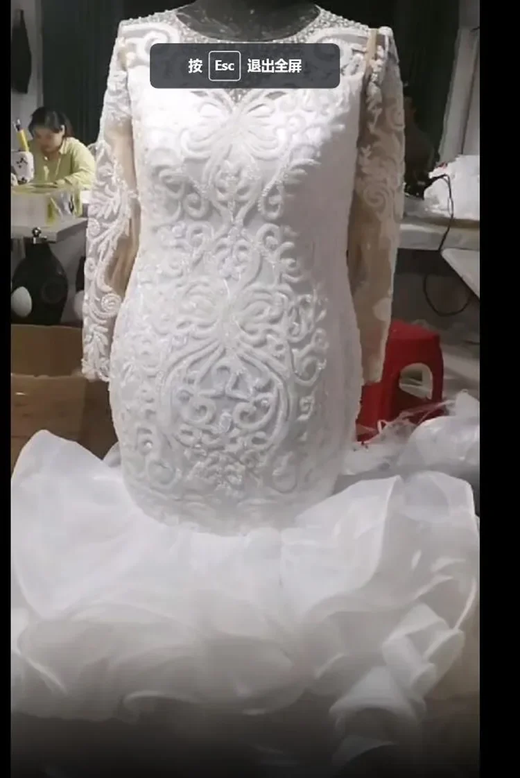 Customized  Scoop Neckline Heavy Beads Vestidos De Novia Sweep Train Long Sleeve Plus Size Cascading Ruffles Bridal Gown