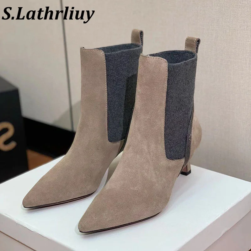 

Autumn Winter Fashion Chelsea Boots Women's Pointed Toe Elastic Band Design Cow Suede Short Boots British Style Ankle Boots