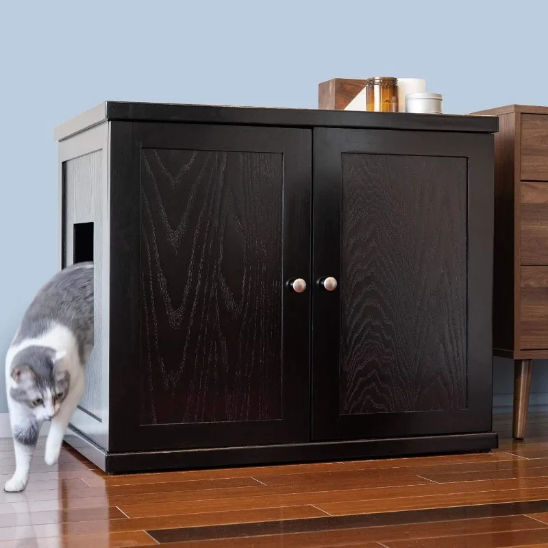 Cat Litter Box Enclosure Cabinet, Modern, Black Espresso, Adjustable Levelers, XLarge, Hidden Litter Cat Furniture with Drawer