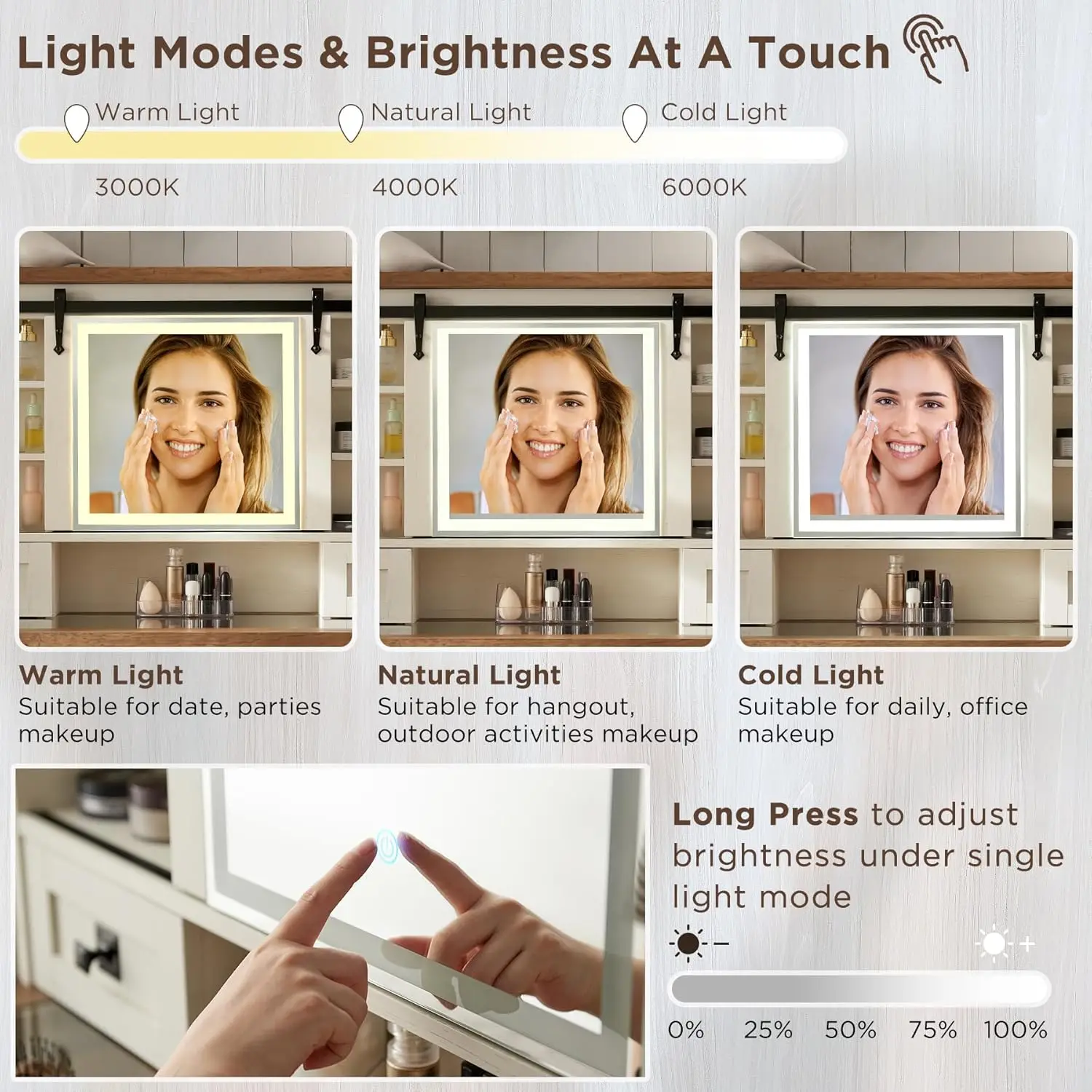 ファームハウス風化粧台、スライド式ミラーとライト付き、42インチガラス天板、2つの引き出しと棚付き、素朴なB