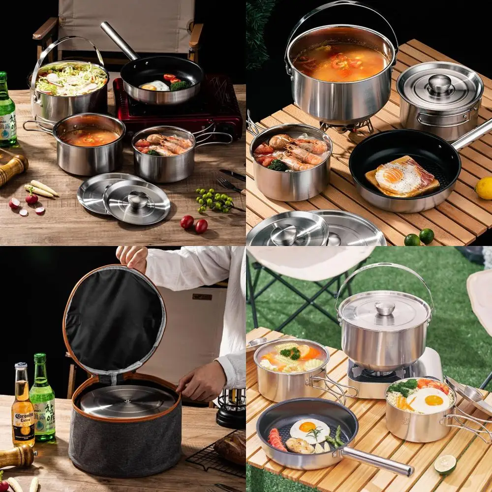 

304 Stainless Steel Camping Cookware Set, Pots and Pans for Campfire Cooking, Includes Travel Tote Bag for 4-6 People