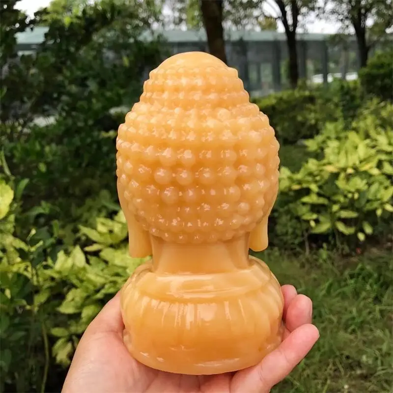 15CM Natural Orange Calcite Buddha Head Crystal Figurine Carving Buddhism Home Decoration Healing Meditate Reiki Feng Shui 1pcs