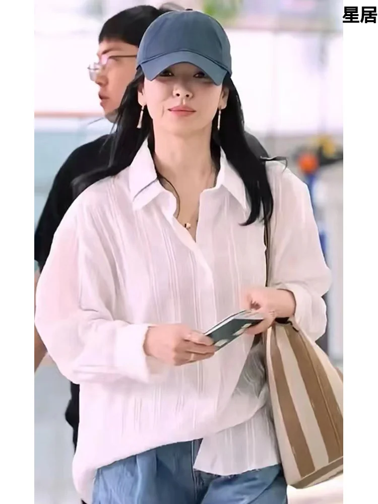 한국 가수 스트리트 패션 화이트 라펠 블라우스, 루즈 탑 케이팝 여성 콘서트 페스티벌, 재즈 댄스 공연 쇼 의상, 신제품