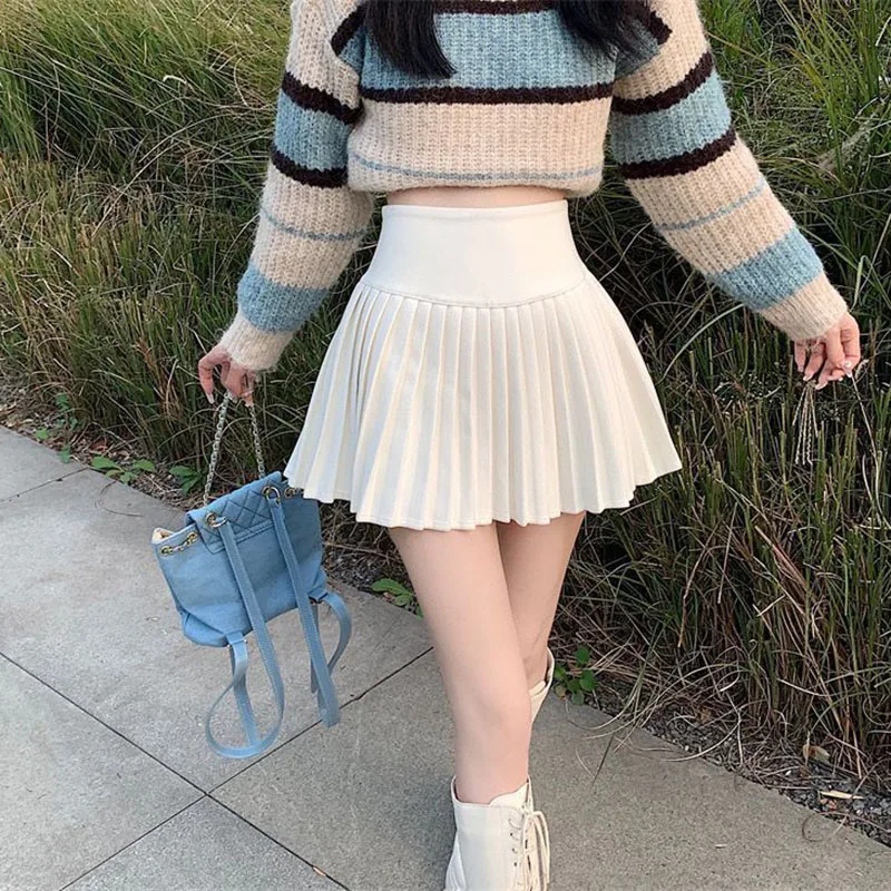 Autumn Winter Women Pleated Skirts Korean Fashion High Waisted Solid Mini Skirt Ladies Sweet Preppy All-Match A Line Skirts