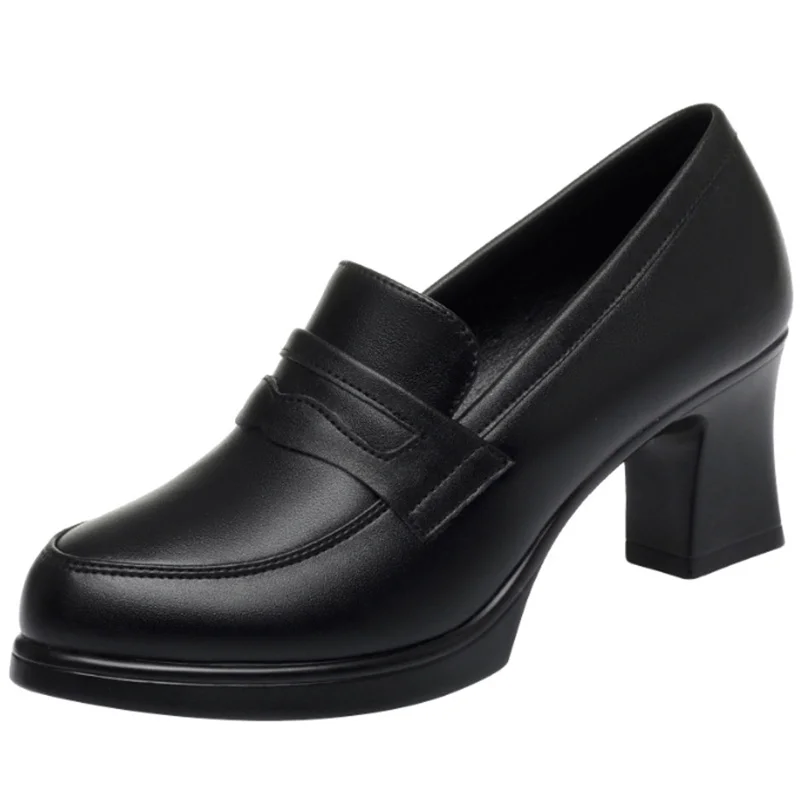 Comfortable Deep Mouth Soft Leather Anti-slip Shoes Platform Spring 2025 Women\'s Block Black High Heels Office Mother Shoes