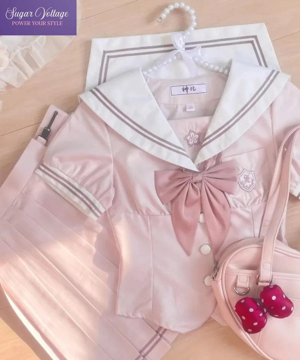 Japanese Preppy Uniform Women Two Piece Set Pink Sailor Collar Short Sleeve Top Pleated Skirt Kawaii Preppy Style Casual Outfits