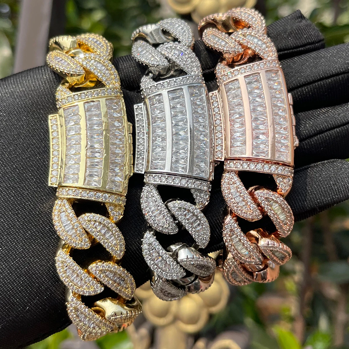 Bubble Letter Baguette Cuban Link Bracelet for Men Iced Out Prong Setting Necklace Choker Real Gold Plated Hip Hop Jewelry