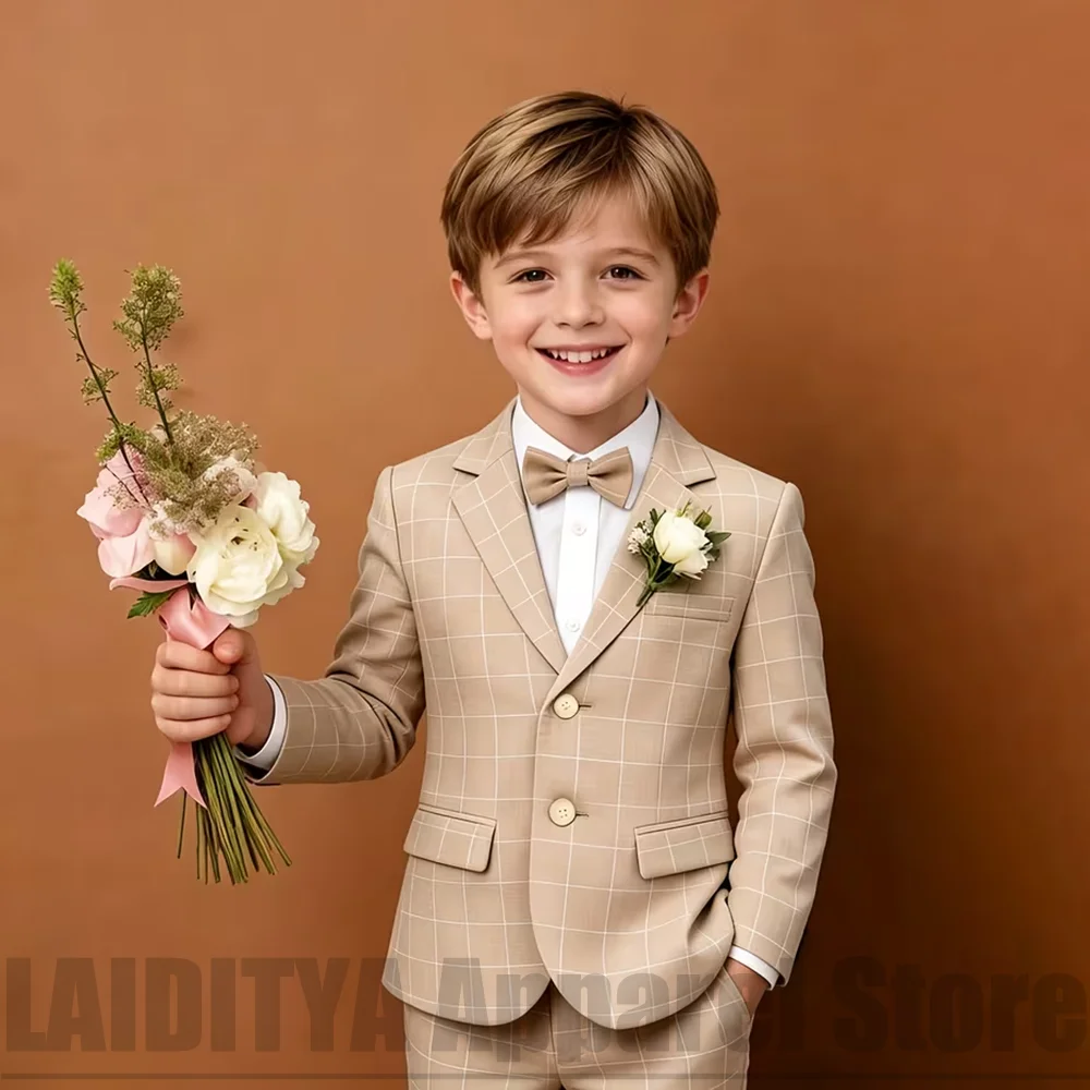 Boys Plaid Two Piece Suit Blazer Pants Kids Wedding Ring Bearer Outfit Birthday Party Formal Ceremony Photograph Holiday Wear
