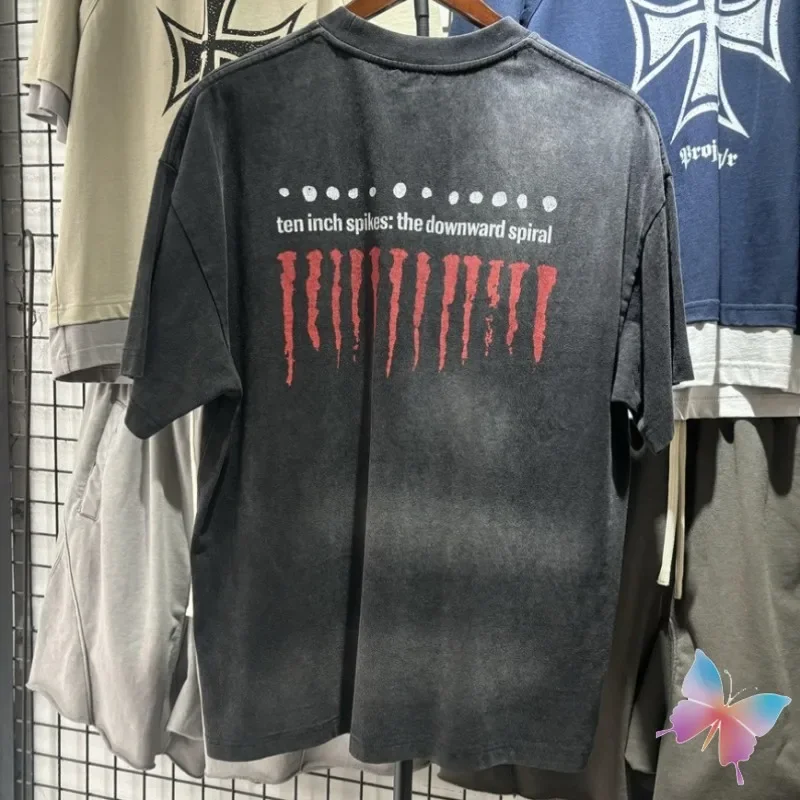 Heavyweight Washed Black Nine Inch Nail T-shirts Cotton Letter Logo Short Sleeves American Street Loose NIN Tshirts Men Women