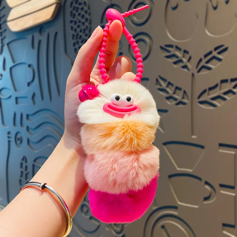 Cute Plush Ugly Rex Rabbit Fur Caterpillar Animal Keys Chain Four Colors Mix Cross-eye Sausage Mouth Caterpillar Doll Keychain