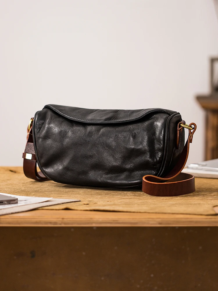 PNDME Fashion designers handmade genuine leather men's shoulder bag outdoor travel luxury cow leather black saddle crossbody bag
