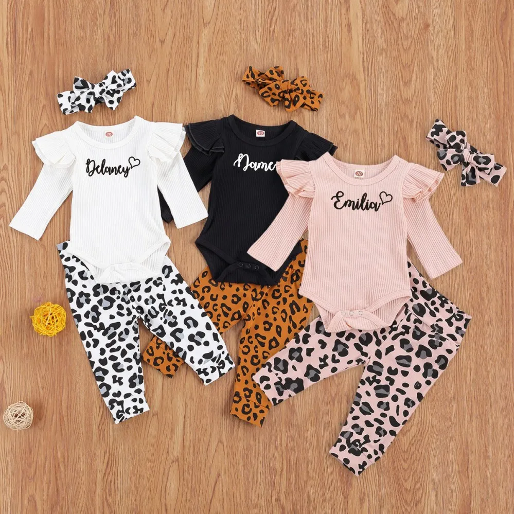 

Personalized Newborn Autumn 3Pcs Baby Girls Clothes Solid Color Flying Sleeve Ribbed Jumpsuit and Leopard Trousers with Headband