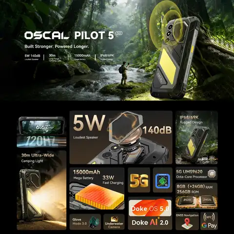 Blackview Oscal Pilot 5 Rugged Phone 8GB+256GB 6.67'' Android 16 UMS9620 T8100 15000mAh NFC 5G Smartphone