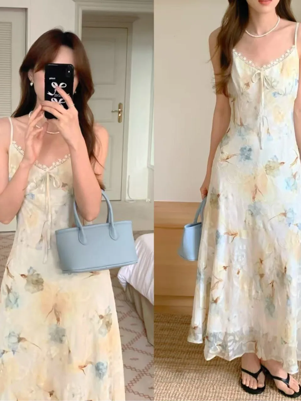فستان صيفي جديد لطيف على طراز العطلات من الدانتيل مُزين بالزهور فستان نسائي طويل بحزام على شكل حرف v مادة أخرى 00