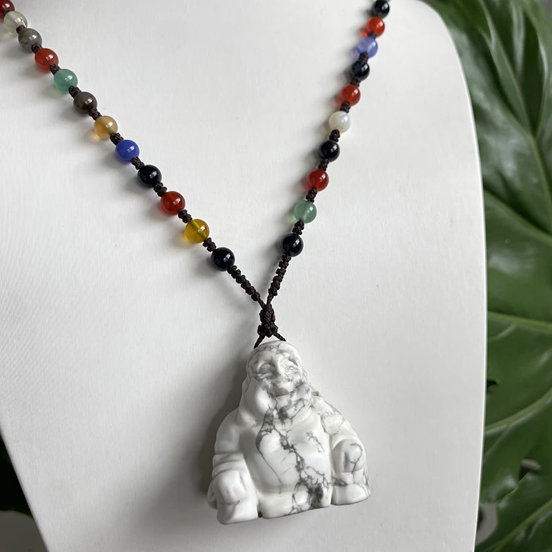 

Unit One Piece Natural Howlite Gemstone Crystal Laugh Buddha Carving Necklace Pendant With Natural Agate Bead Chain