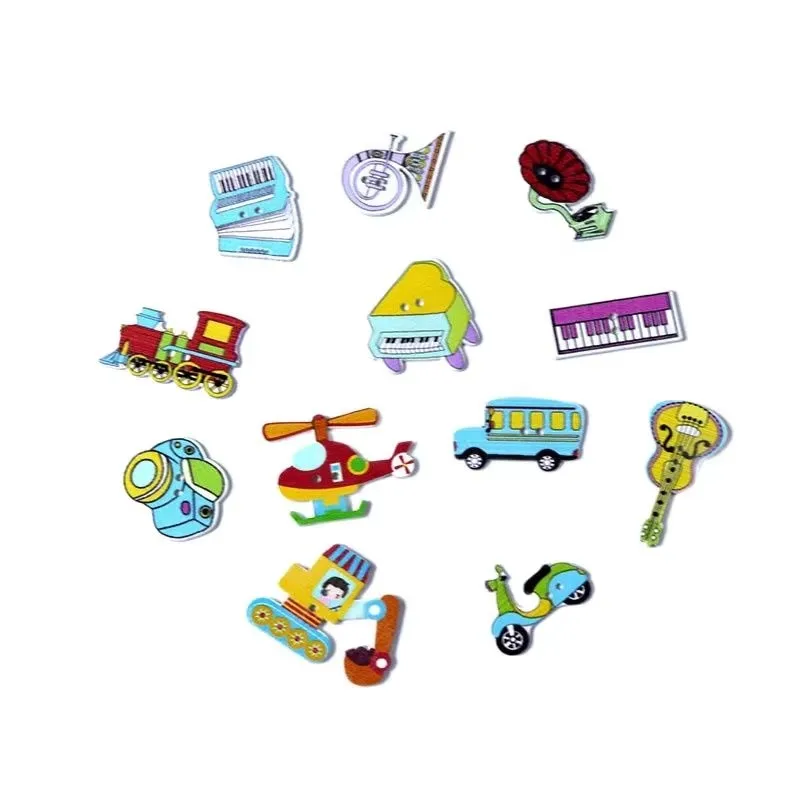 50Pcs natural wooden buttons, mixed musical & transport shapes, ideal for DIY card making, scrapbooking and sewing accessories