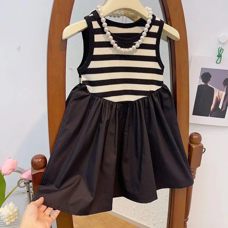 

Summer New Girls Dress Korean Striped Tank Top Spliced Dress Casual Elastic Style Dress Children's Sleeveless Dress