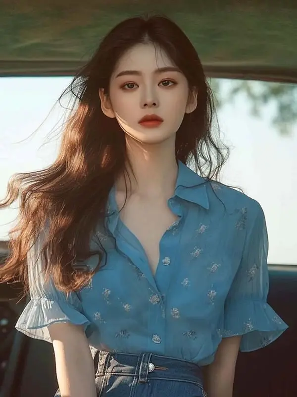

Summer European Style Unique Elegant Pretty Top French Blue Fresh Ruffle Short Sleeve Blouse Women