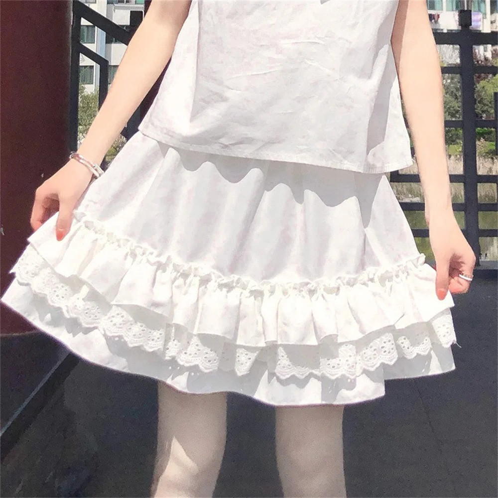 2025 Women Black White Lace Mini Baggy Sweet Skirts A-line Kawaii Clothes Girlish Summer All-match JapaneseTrendy Streetwear