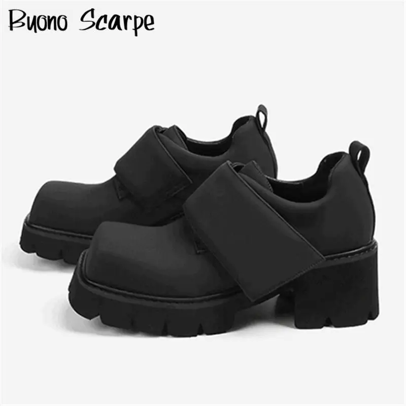 

Thick Bottom Platform British Style Women Loafers Casual Square Toe Hool Loop Leather Shoes Increase All Match Large Size Pumps