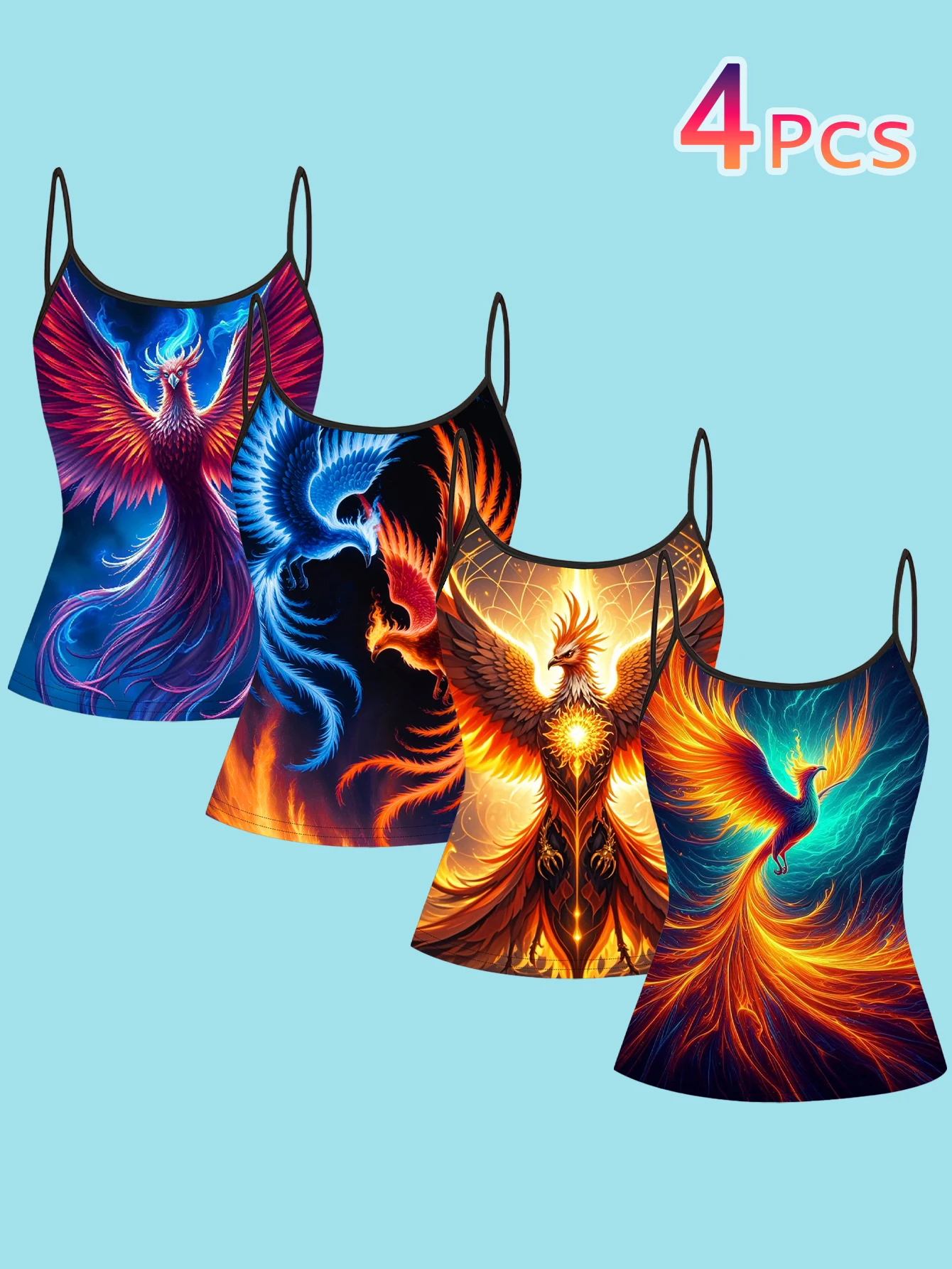 4-Piece Set of Women's Phoenix Rebirth Print Camisoles, Mythological Firebird Flame Slim-Fit Spaghetti Strap Inner Tops