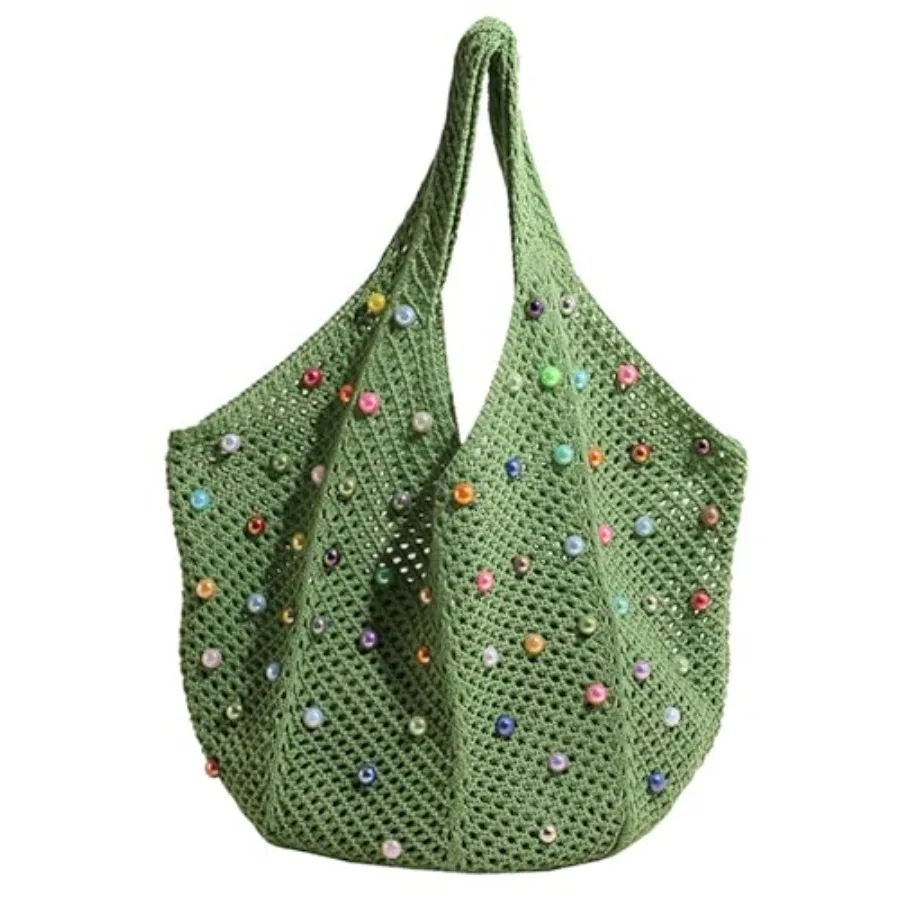 

Boho Crochet Beach Tote Shoulder Bag with Colored Beads Colorful Aesthetic Hippie Knit Bag for Women