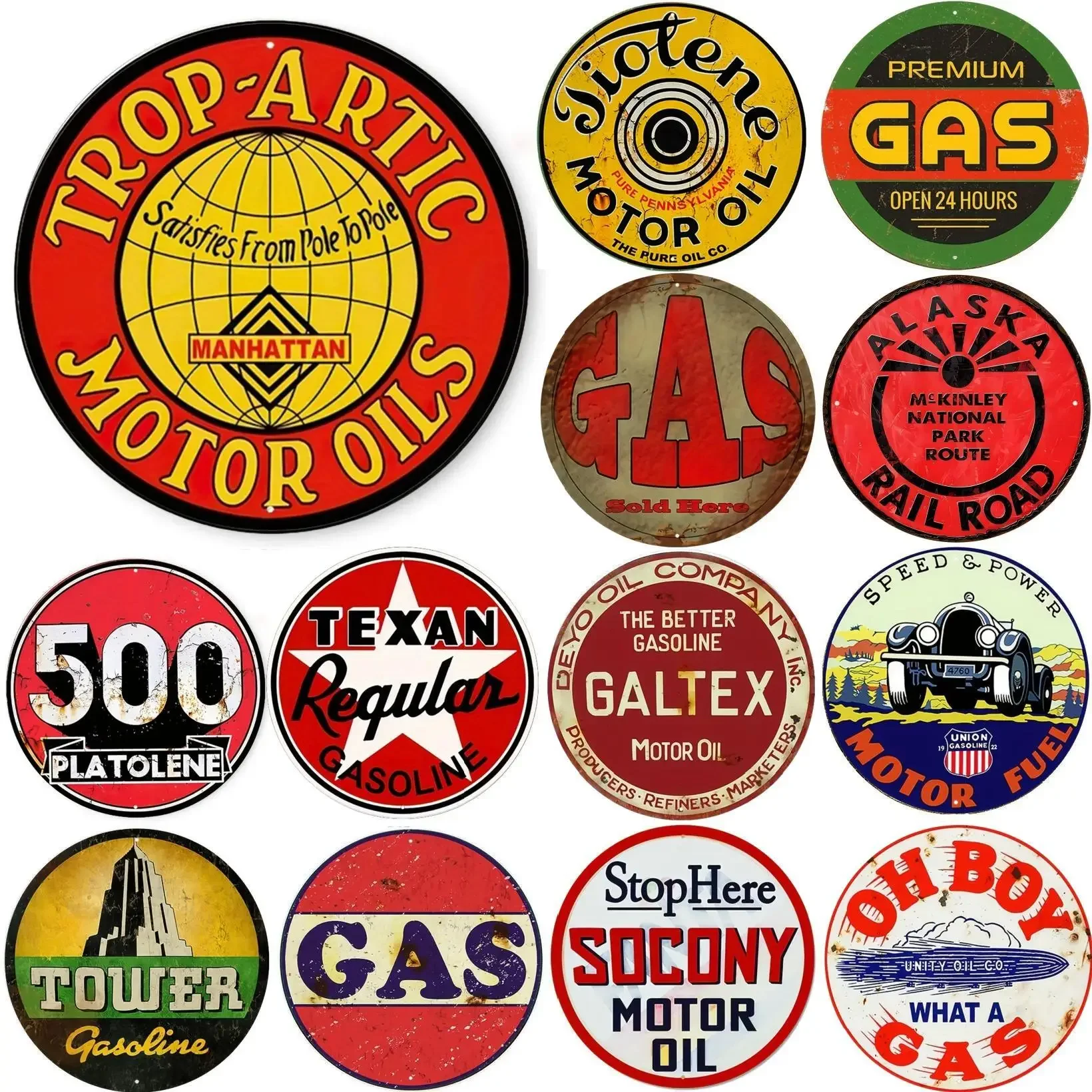 Motorölschild Vintage rundes Metall-Aluminiumschild Motoröl nostalgisches Kunstposter Retro-Platte Garage Club Bar Pub Restaurant Dekor