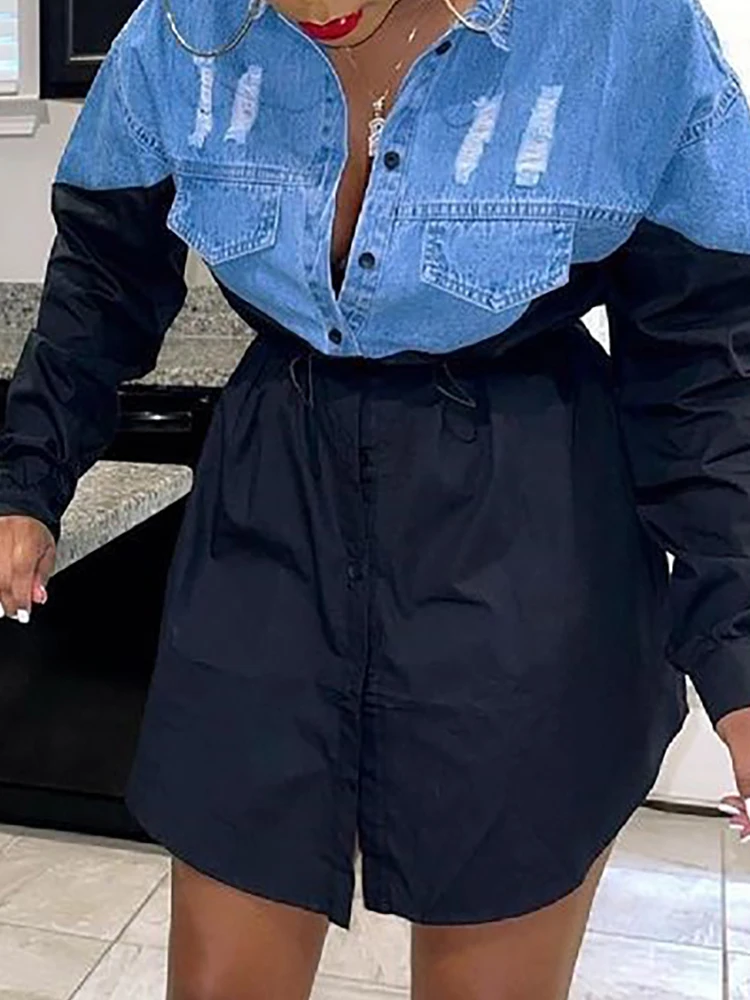 Women Colorblock Button Front Patchwork Shirt Dress Femme Turn-down Collar Mini Party Robe Lady Outfits Vestidos