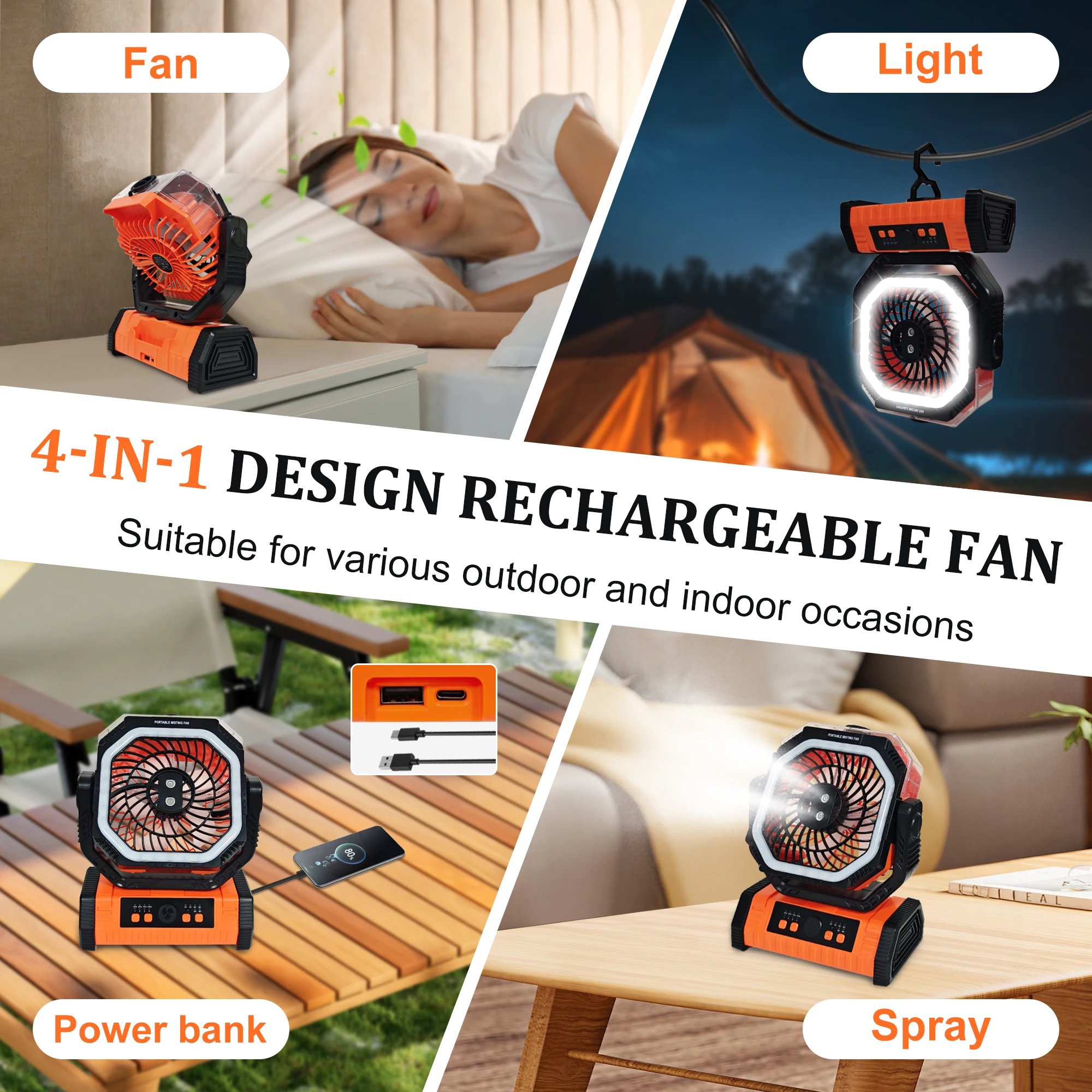  Misting Camping Fan with LED Night Light & 20000mAh Power Bank, USB Rechargeable Portable Oscillating Fan for Outdoor Emergency