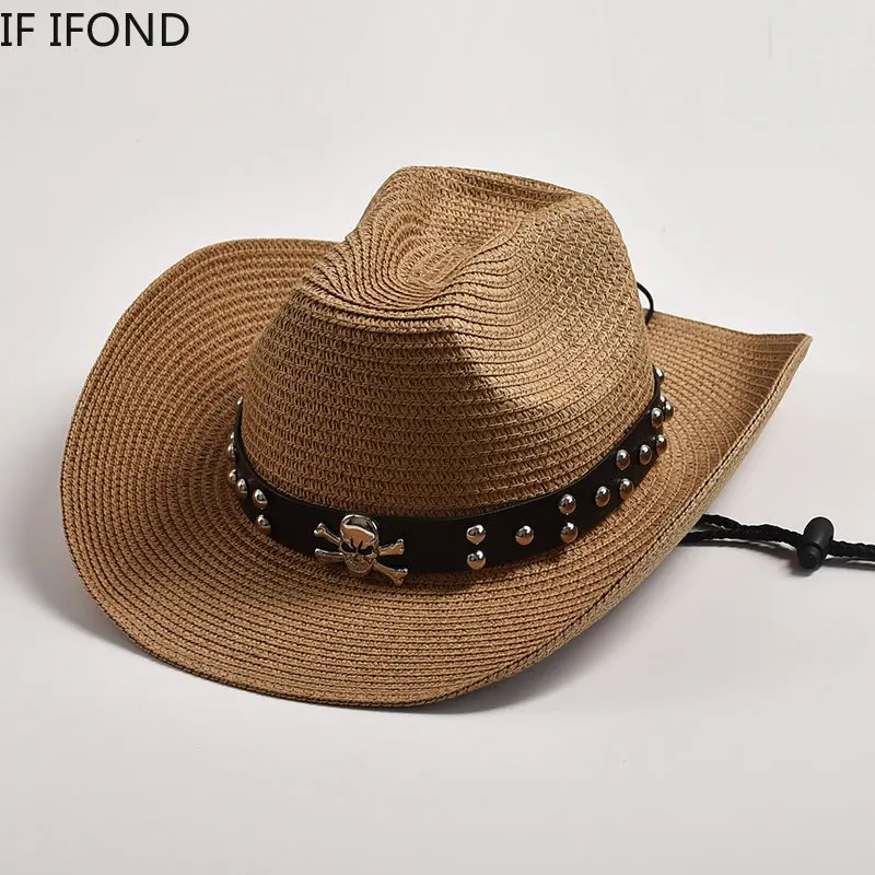 Fashion Skull Decor Western Cowboy Hat Natural Paper Straw Hat For Men Summer Beach Sun Hat Curling Brim Lifeguard Hats