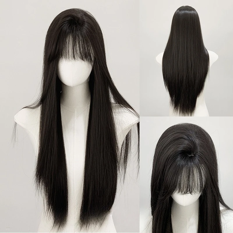 

Wig Female Long Hair Straight Hair Dark Tea Daily Fashion Natural Realistic Full Headgear