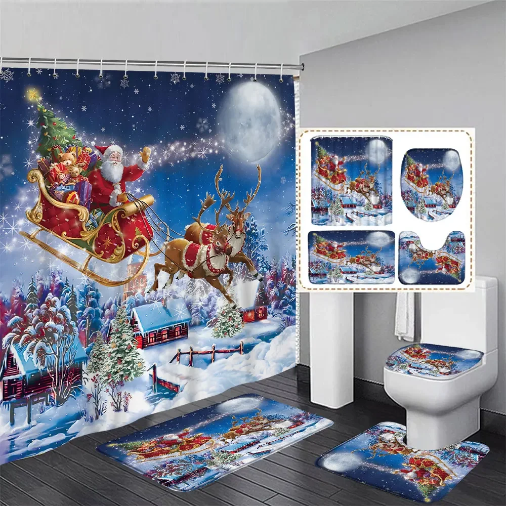 

Happy Christmas Shower Curtain and Rug Set Snowman Red Truck Santa Moose Gift Home Shower Curtains Bath Mat Bathroom Decoration