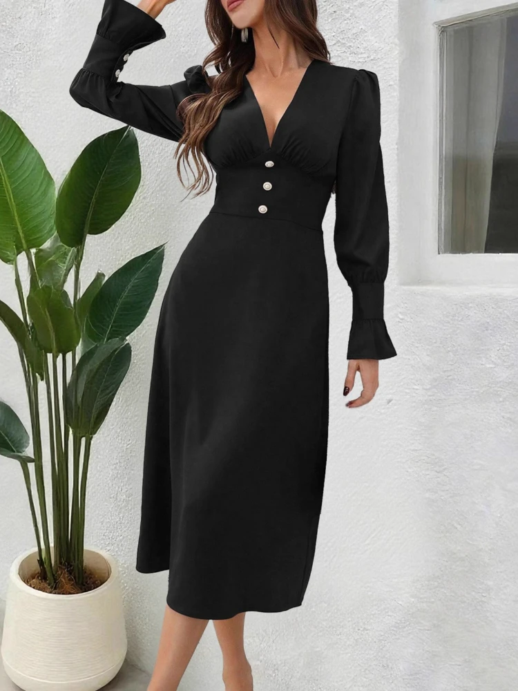 2025 Sexy Elegante V-hals Shirt Jurk Vrouwen Herfst Casual Lange Mouw Slim Fit Kantoor Dagelijkse Slijtage Chic Fall Flowy Jurken