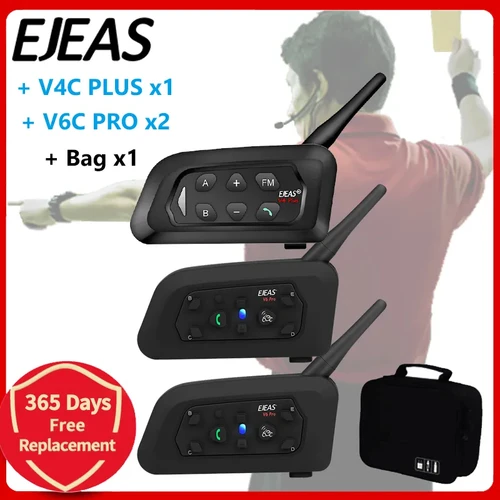 EJEAS V4C PLUS + V6C PROx2 Football 3 árbitro intercomunicador auriculares 1200M fútbol Full Duplex Bluetooth interfono para conferencias + bolso