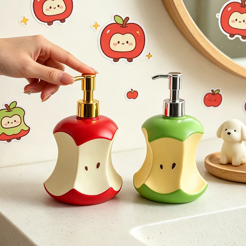 Cute Apple Core Resin Soap Dispenser Plastic Pump Lotion Bottle 300ml Hand Wash Container Bathroom Sink Counter Decor Ornament