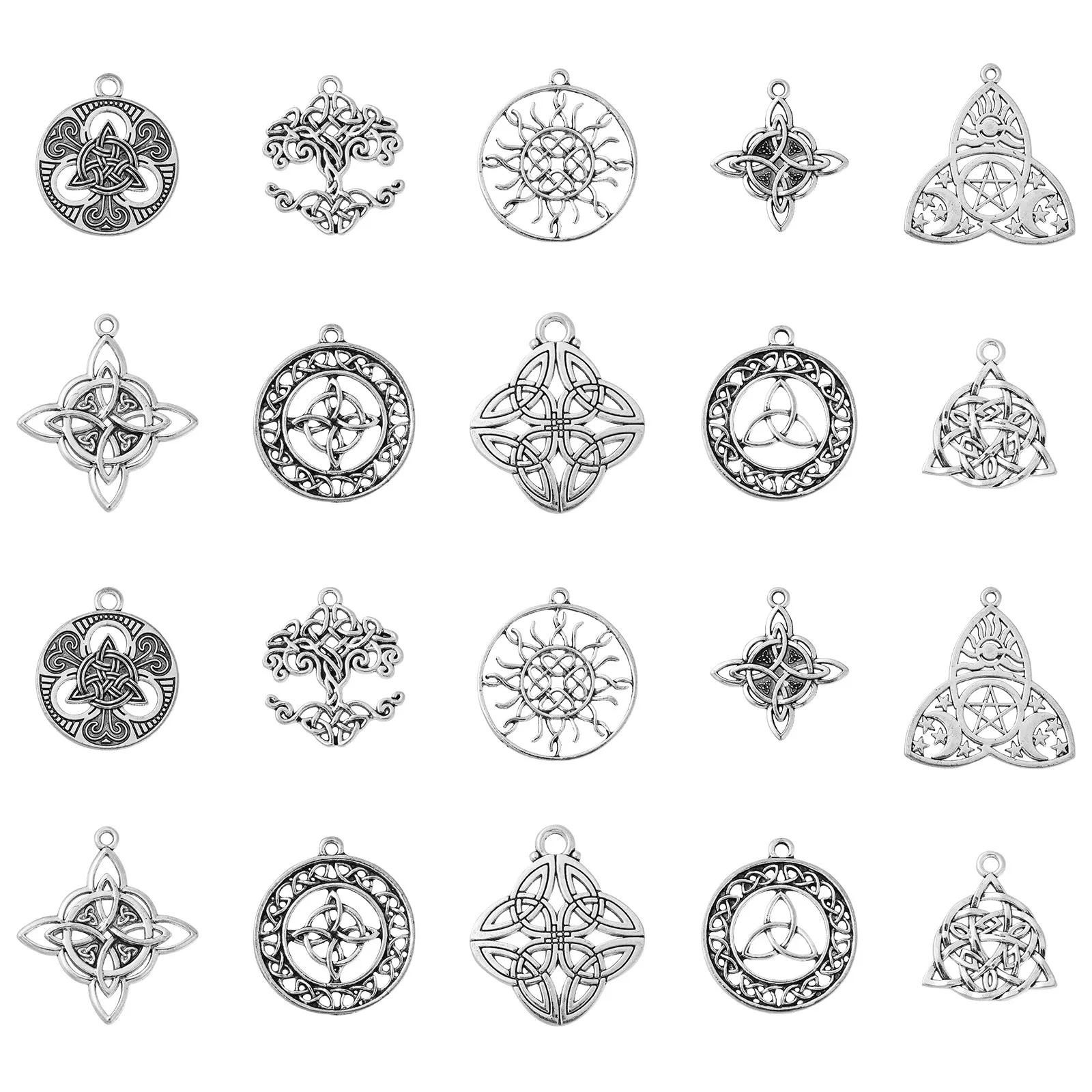 

40Pcs 10 Styles Tibetan Celtic Knot Charms Antique Silver Sun Tree Plant Pendants Irish Trinity Knot Charms for Jewelry Making