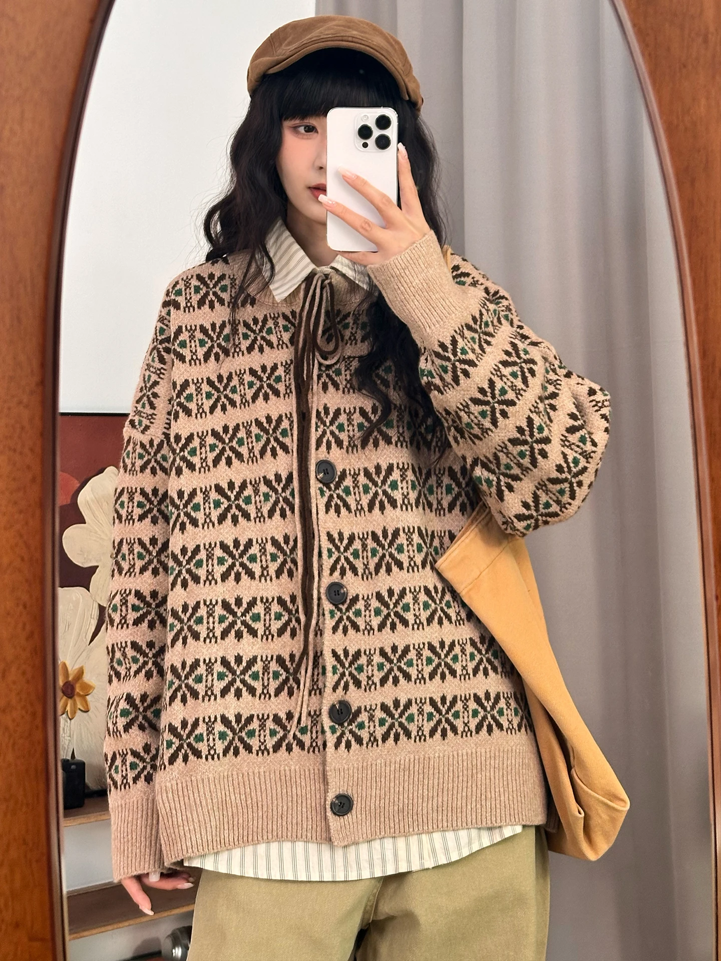 

Винтажный вязаный кардиган с узором Fair Isle для женщин, свободный крой, в стиле оверсайз, для уличной моды, осень-зима