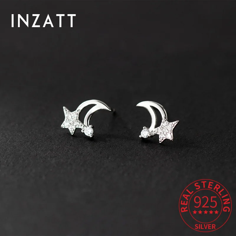 

INZATT Real 925 Sterling Silver Zircon Moon Stud Earrings For Women Classic Fine Jewelry Minimalist Accessories