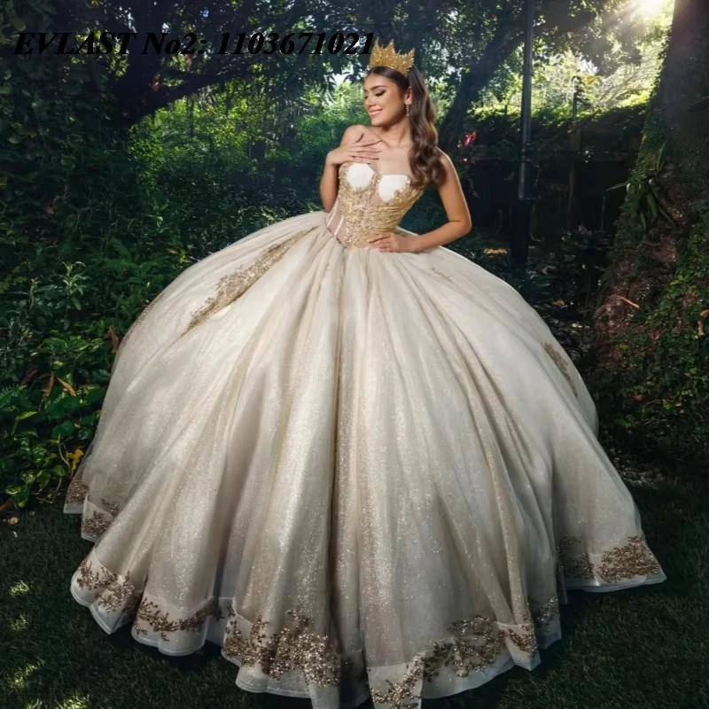

EVLAST индивидуальное бальное платье цвета шампанского Quinceanera, блестящее золотое кружевное платье с аппликацией и бисером, Sweet 16, Vestidos De 15 Anos E2QA03