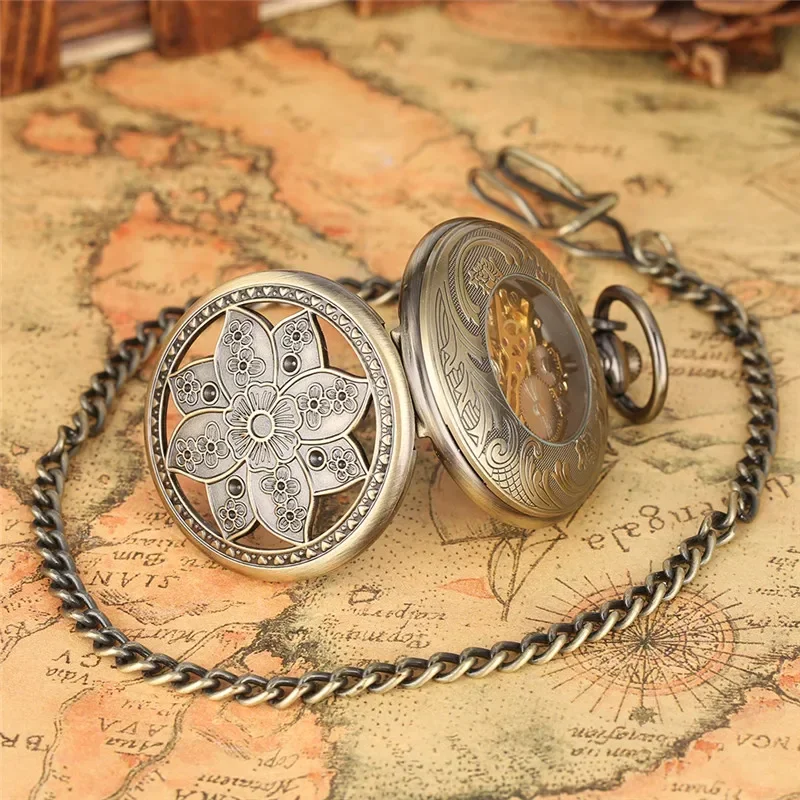 Vintage Hollow Lotus Flowers Men Women Mechanical Hand Wind Pocket Watch Vintage Skeleton Clock Best Gift Reloj