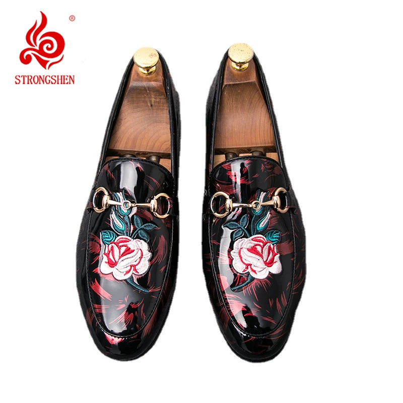 STRONGSHEN Men Embroidery Trend Non-Slip Wear-Resistant Small Leather Shoes Flower Pattern Metal Casual Fashion Gentleman Shoes