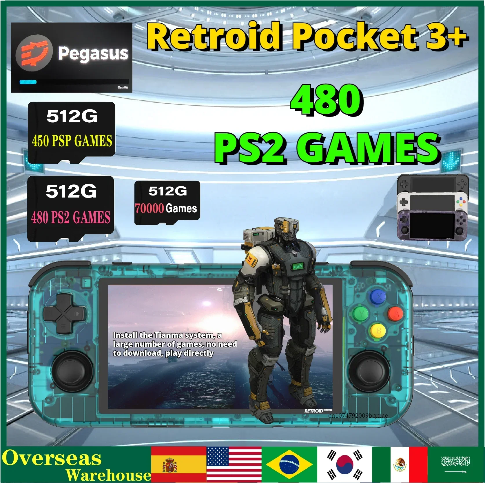 

Retroid Pocket 3 PLUS PSP PS2 Handheld Game Console Touch Screen Portable 4.7 Inch Android 11 T618 512G Built-in 60000 Games