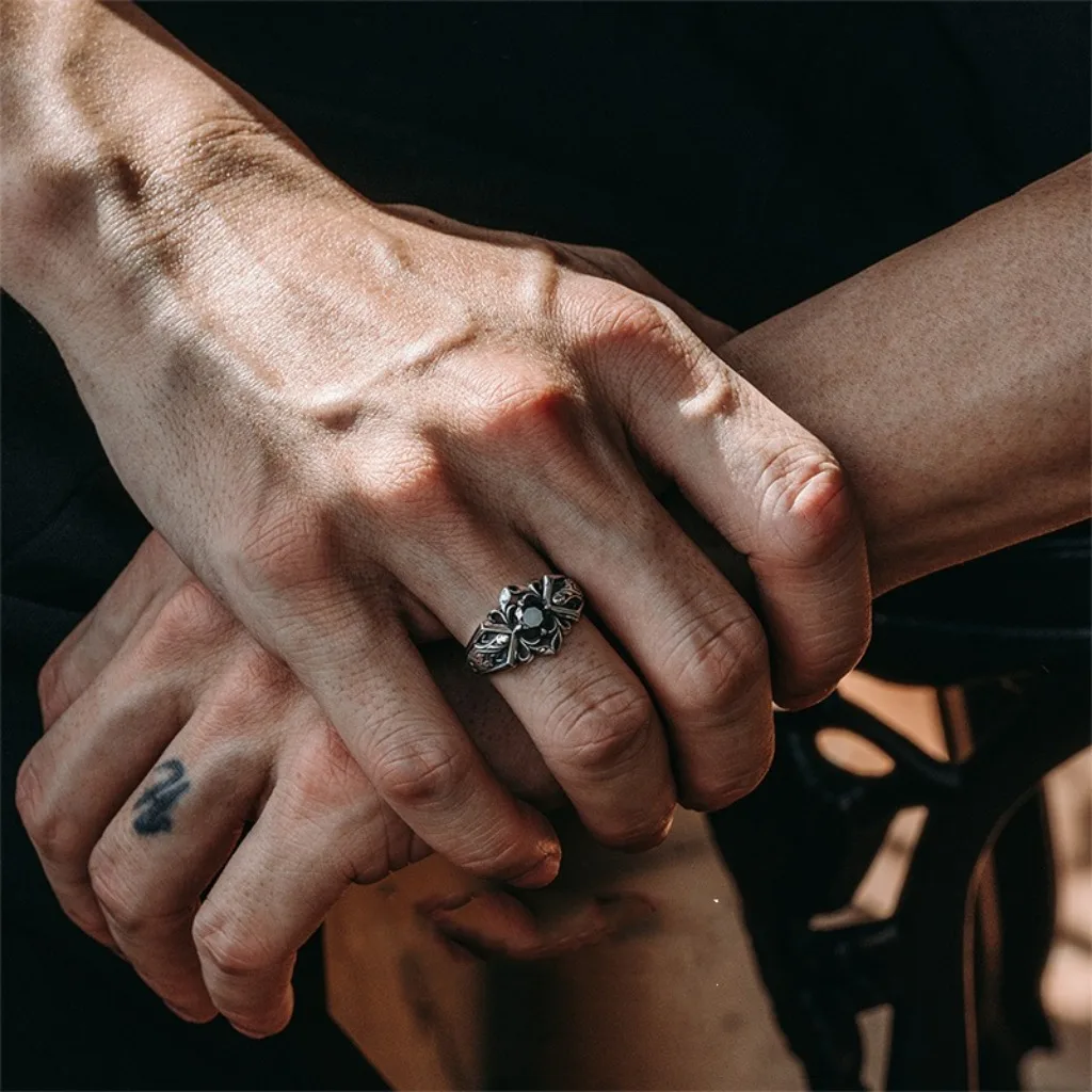 Vintage Faux-Onyx-Ringe für Herren, Edelstahl, verstellbarer offener Ring, silberfarben, modischer Punk-Schmuck, Geschenk – Detail 12