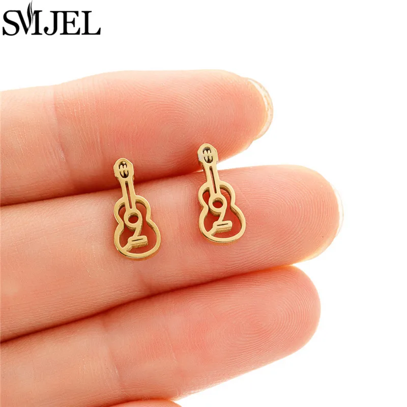 SMJEL Fashion Stainless Steel Guitar Stud Earrings Black Cute Music Instrument Jewelry Student Gift Music Notes Earing Oorbellen