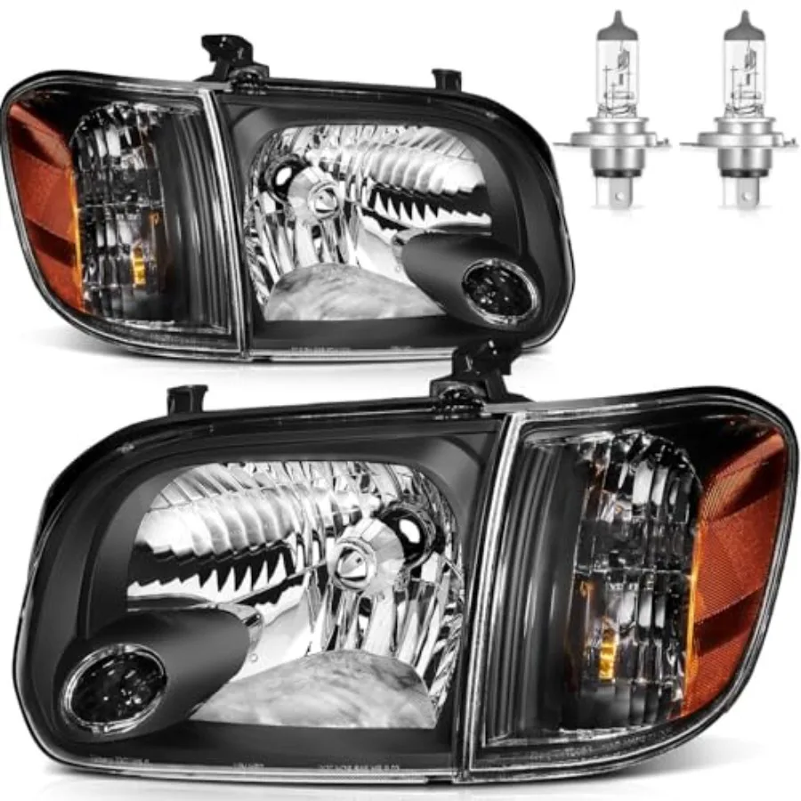 

Headlights for 2005-2007 Toyota Tundra Double/Crew Cab and Sequoia High/Low Beam with Bulbs Driver Passenger Side Black Durable