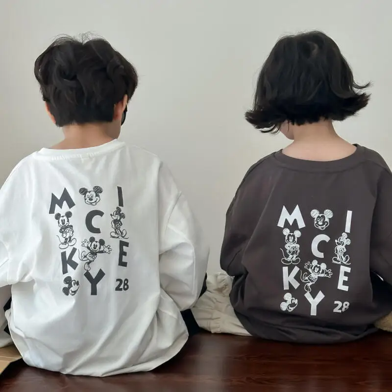 

Детский хлопковый топ-базовый слой с круглым вырезом и мультяшным принтом для мальчиков и девочек, весна-осень, комфортная одежда