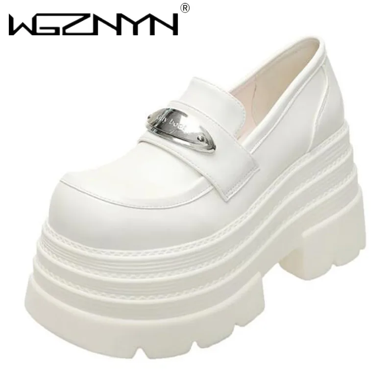 New 2025 Spring Women Leather Chunky Sneakers Loafers Nop-slip 10CM High Heels Platform Autumn Casual Walking Shoes Flats Woman