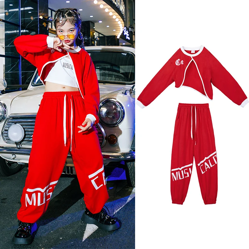 

Jazz Hip Hop Dance Clothes Red Street Dance Performance Wear Girls Cheerleading Outfit Kpop Clothing Loose Tracksuit DL11218